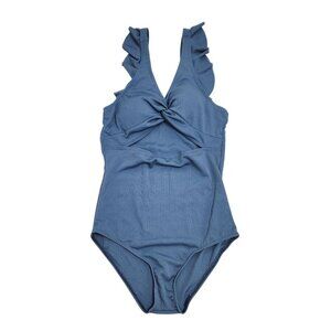 Blue Ruffle One-Piece Swimsuit With Tropical Sarong Wrap For Girls Size 15-16Y